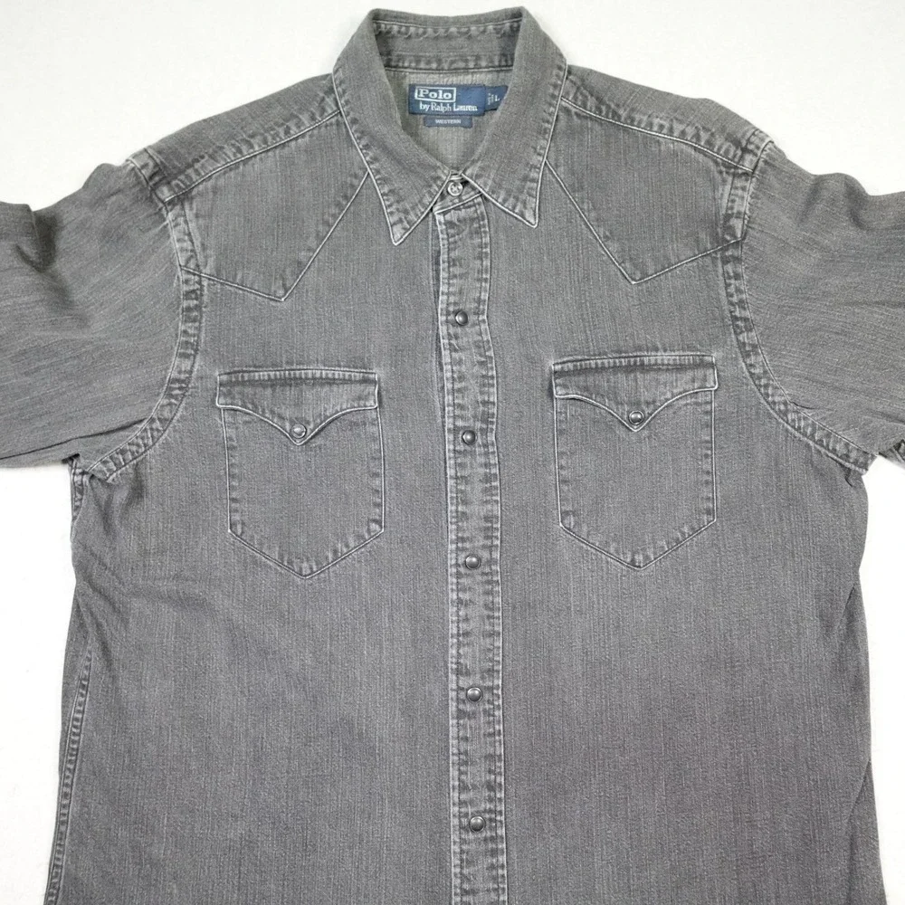 Vintage Polo Ralph Lauren Western Shirt Mens L Grey Denim Pearl Snap Cowboy barn